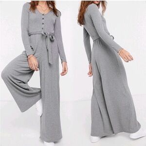 ASOS Lounge Ribbed Long Sleeve Belted Gray Jumpsuit